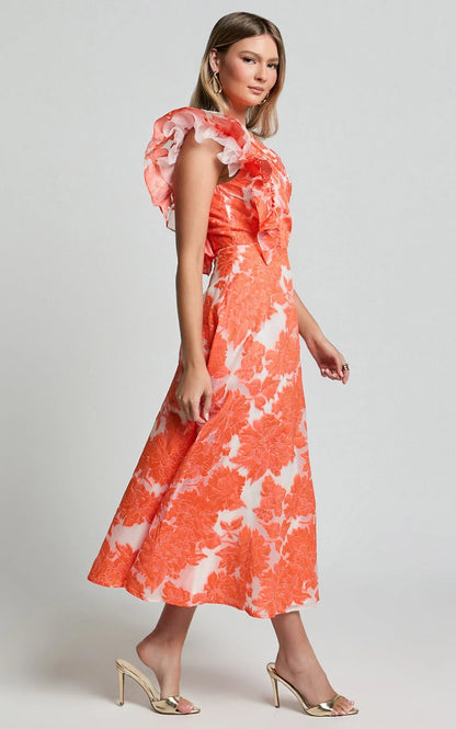 Alfreda Midi Dress - One Shoulder Ruffle Detail Brailey Jacquard Dress in Orange Jacquard