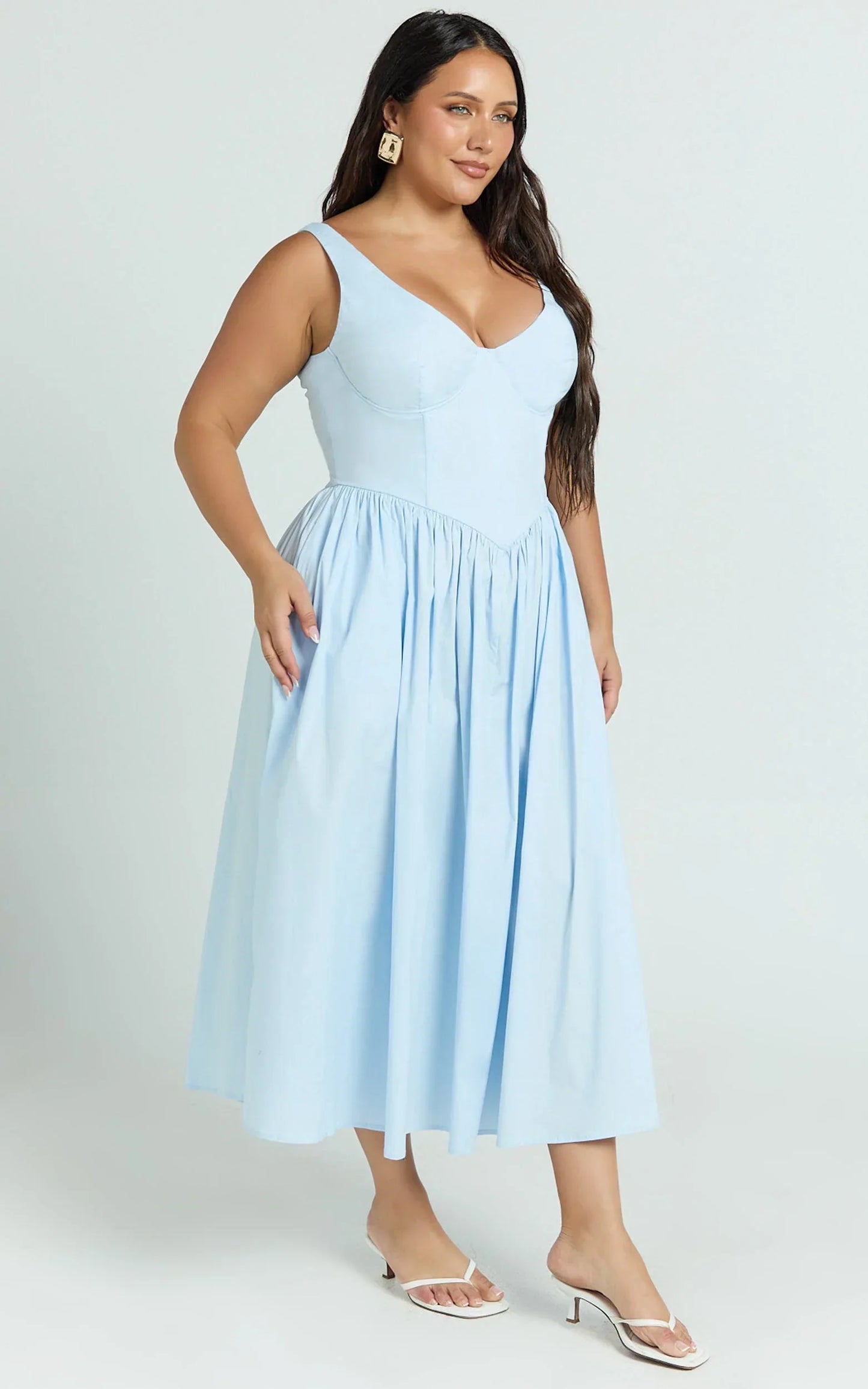 Beckett Midi Dress - Scoop Neck Drop V Waist Gathered Skirt Dress in Blue