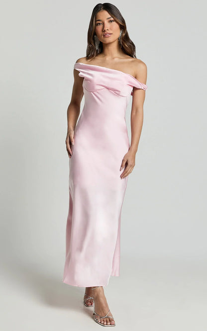 Alexia Midi Dress - One Shoulder Bust Slip Dress in Soft Pink