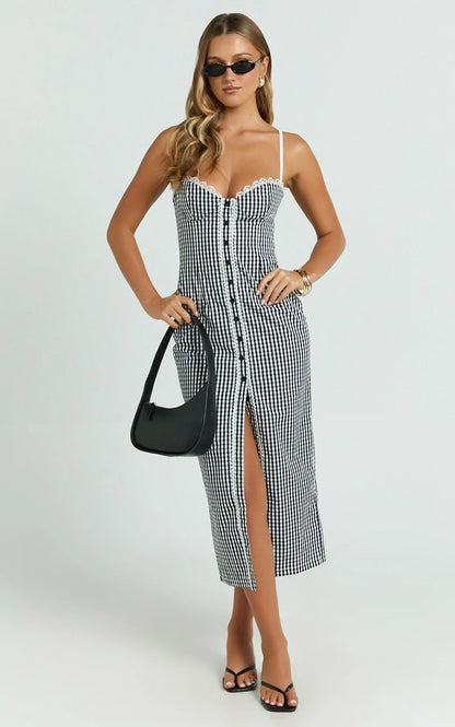 Anessa Midi Dress - Button Front Bustier Fitted Dress in Black