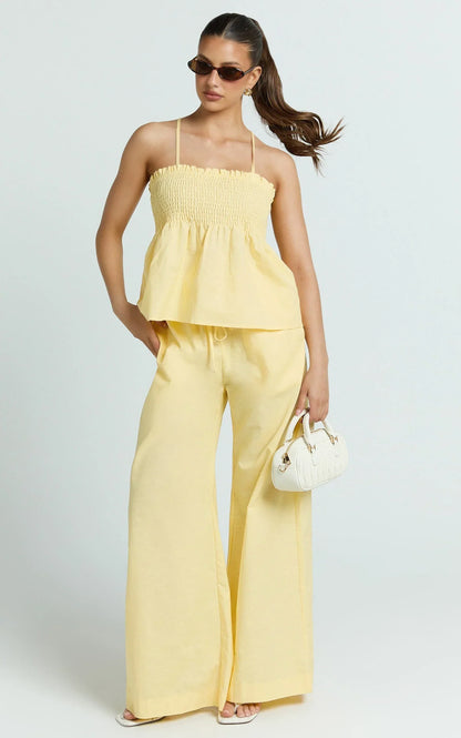 Alma Two Piece Set - Cotton Cami Pant Set in Lemon