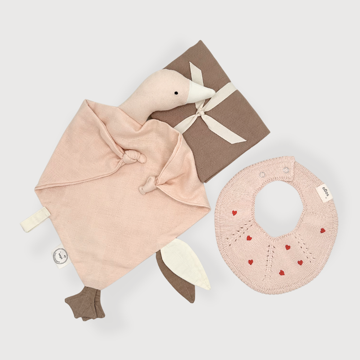 Organic Baby Gift Box with Bliki swan cuddle cloth, Hearts knitted bib and organic muslin cloth – luxury Scandinavian newborn keepsake gift