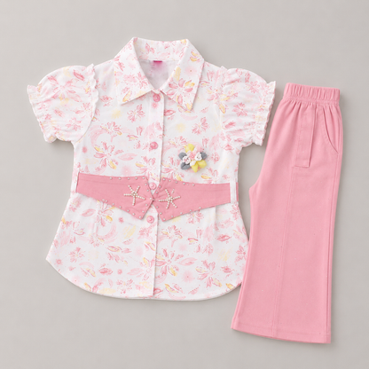 Belt Style Girls Floral Shirt & Trouser Set