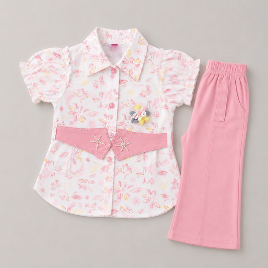 Belt Style Girls Floral Shirt & Trouser Set