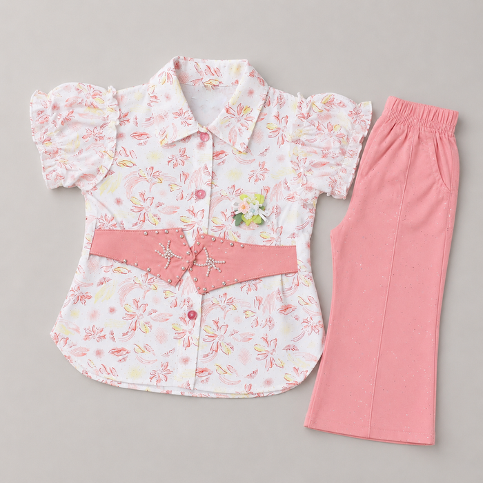 Belt Style Girls Floral Shirt & Trouser Set