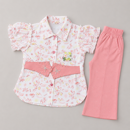 Belt Style Girls Floral Shirt & Trouser Set