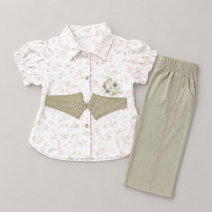 Belt Style Girls Floral Shirt & Trouser Set