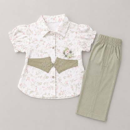 Belt Style Girls Floral Shirt & Trouser Set