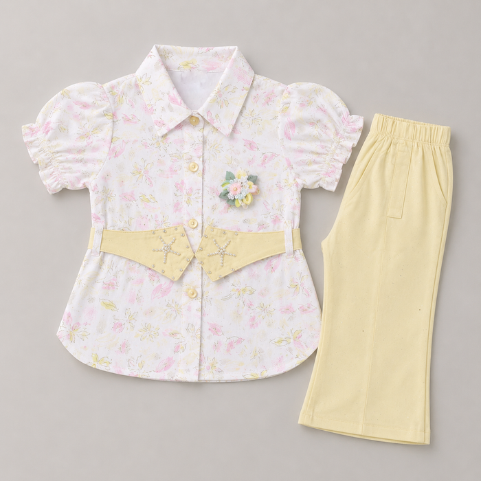 Belt Style Girls Floral Shirt & Trouser Set