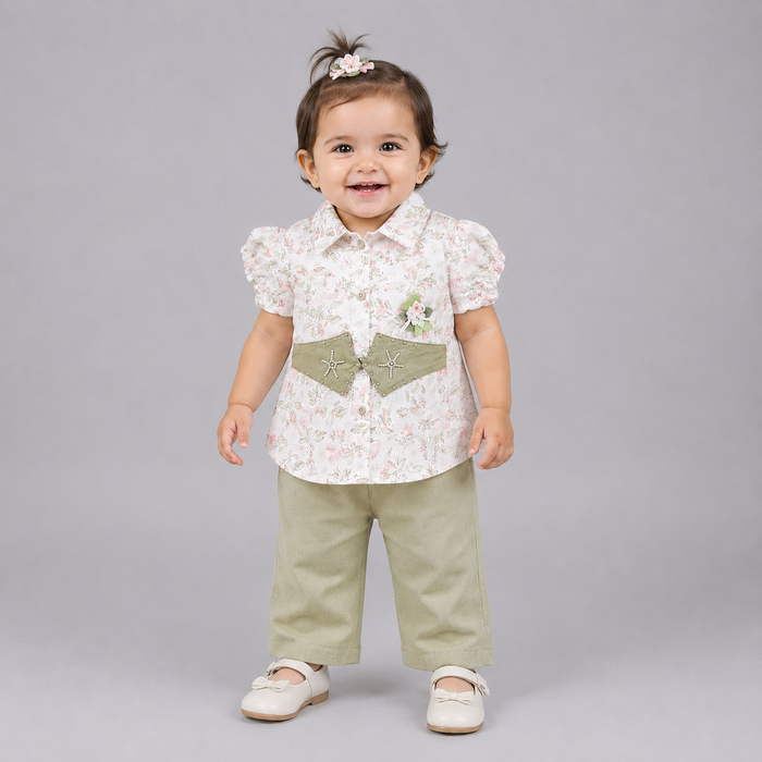 Belt Style Girls Floral Shirt & Trouser Set