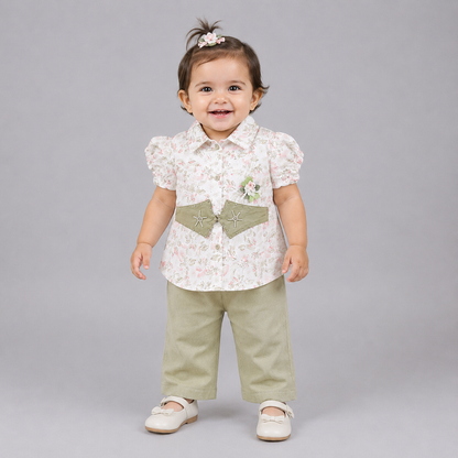 Belt Style Girls Floral Shirt & Trouser Set