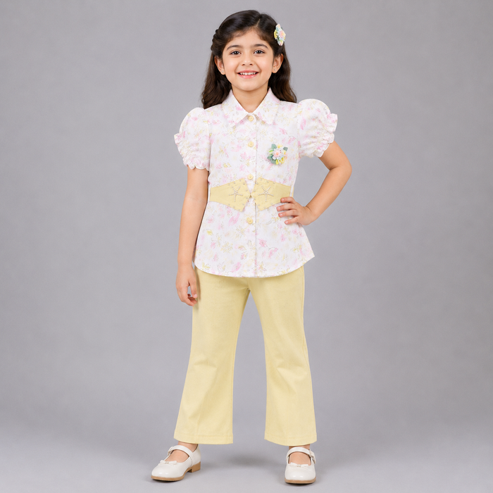 Belt Style Girls Floral Shirt & Trouser Set
