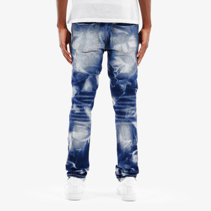 Copper Rivet Rip Heavy Bleach Wash Denim jeans, classic blue denim with distressed details and rivet accents.