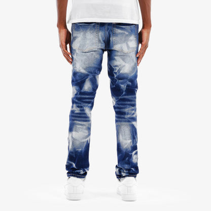 Copper Rivet Rip Heavy Bleach Wash Denim jeans, classic blue denim with distressed details and rivet accents.