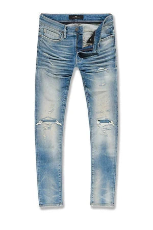 Jordan Craig Sean Heartbreak Denim jeans in antique wash with distressed details, showcasing a stylish denim design.