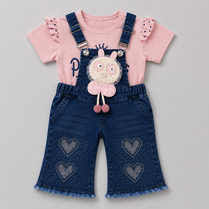 Cute Bear Denim Dungaree Girls Set