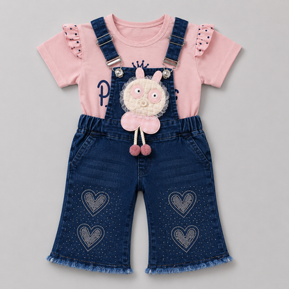 Cute Bear Denim Dungaree Girls Set
