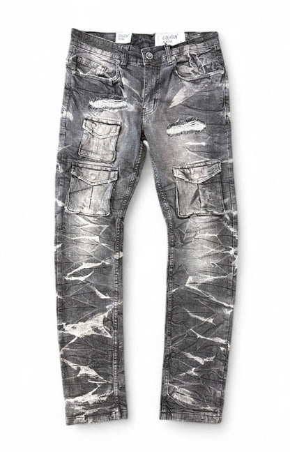 Evolution Combat Cargo slim denim jeans in washed black, showcasing the fitted style and durable fabric.