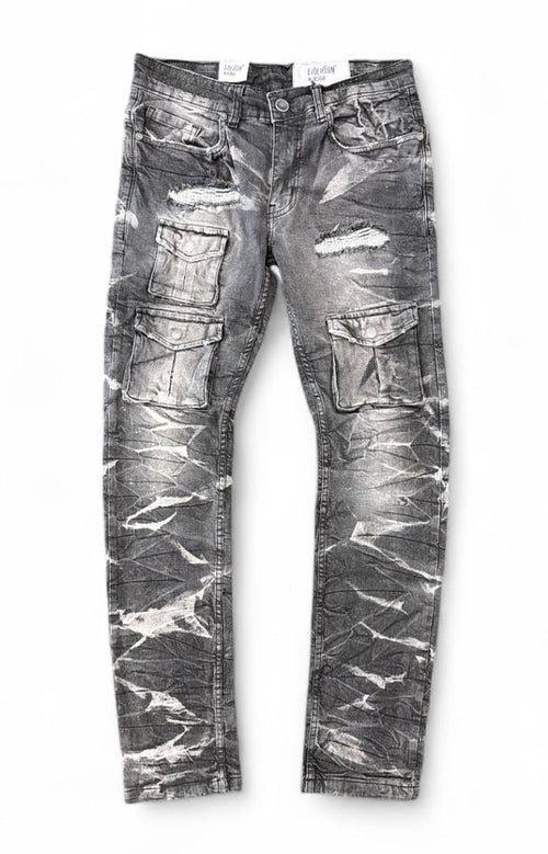 Evolution Combat Cargo slim denim jeans in washed black, showcasing the fitted style and durable fabric.