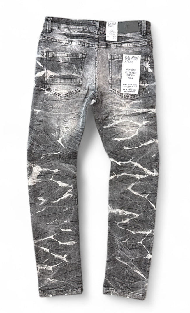 Slim fit washed black denim jeans from Evolution's Combat Cargo collection, featuring classic five-pocket design and subtle branding.