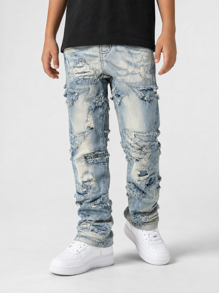 Evolution Kids Slim Darted Denim in light tint showing kids' slim-fit denim jeans with darted details and classic five-pocket style.