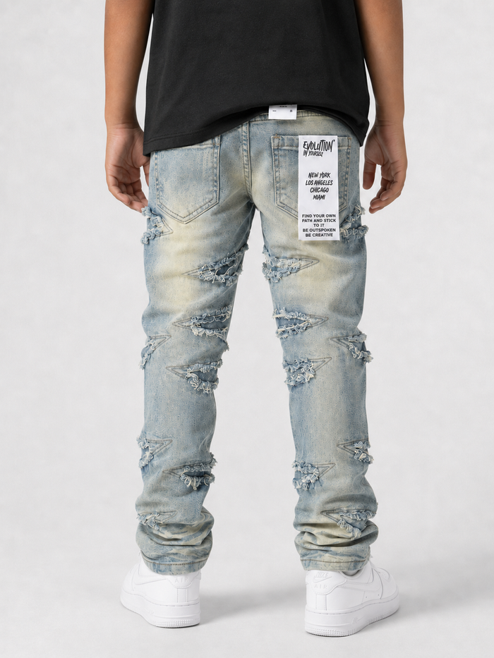 Children's slim fit darted denim jeans by Evolution Kids in light tint, featuring classic five-pocket design and durable denim fabric.