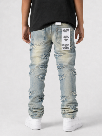 Children's slim fit darted denim jeans by Evolution Kids in light tint, featuring classic five-pocket design and durable denim fabric.