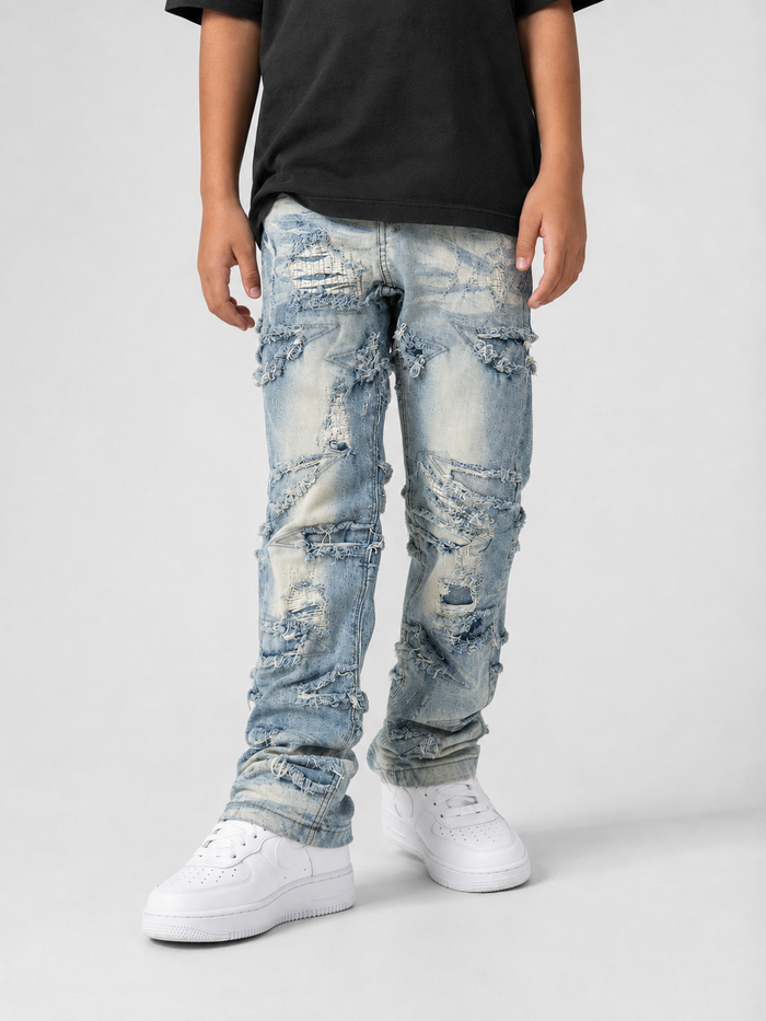 Evolution Kids Slim Darted Denim in light tint, kids' slim-fit jeans with darted detailing and classic denim texture.