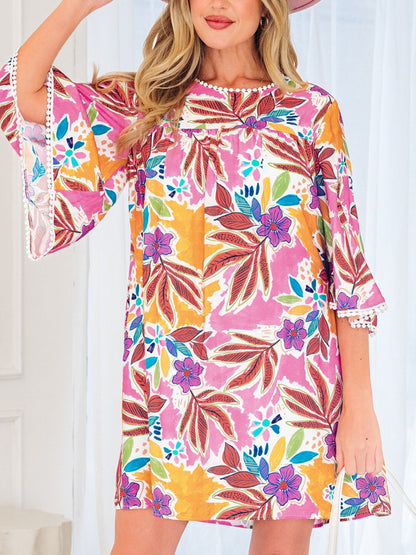 Floral Print Lace Trimmed Tie Back Bell Sleeve Swing Mini Dress