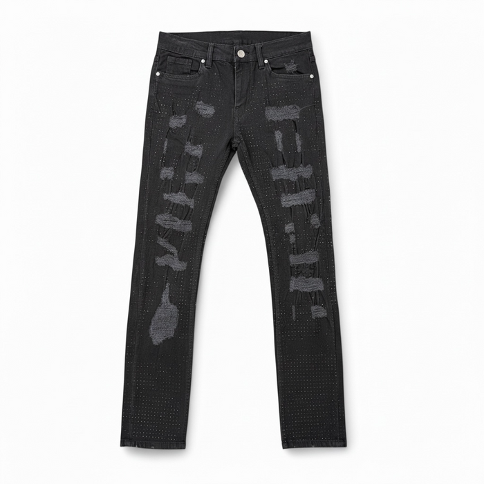 Black FWRD Crystalized denim jeans with detailed embellishments, showcasing a stylish and fitted design.