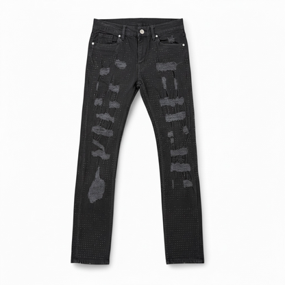 Black FWRD Crystalized denim jeans with detailed embellishments, showcasing a stylish and fitted design.