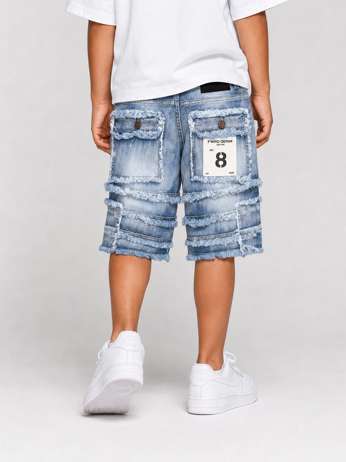 FWRD Kids patchwork denim shorts in ice blue, featuring a stylish patchwork design and classic denim texture.