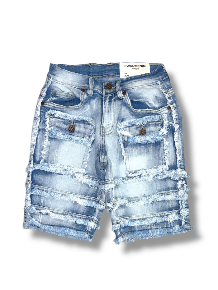 FWRD Kids Patchwork Denim Shorts in ice blue, kids' casual shorts with colorful patchwork design and frayed hem.