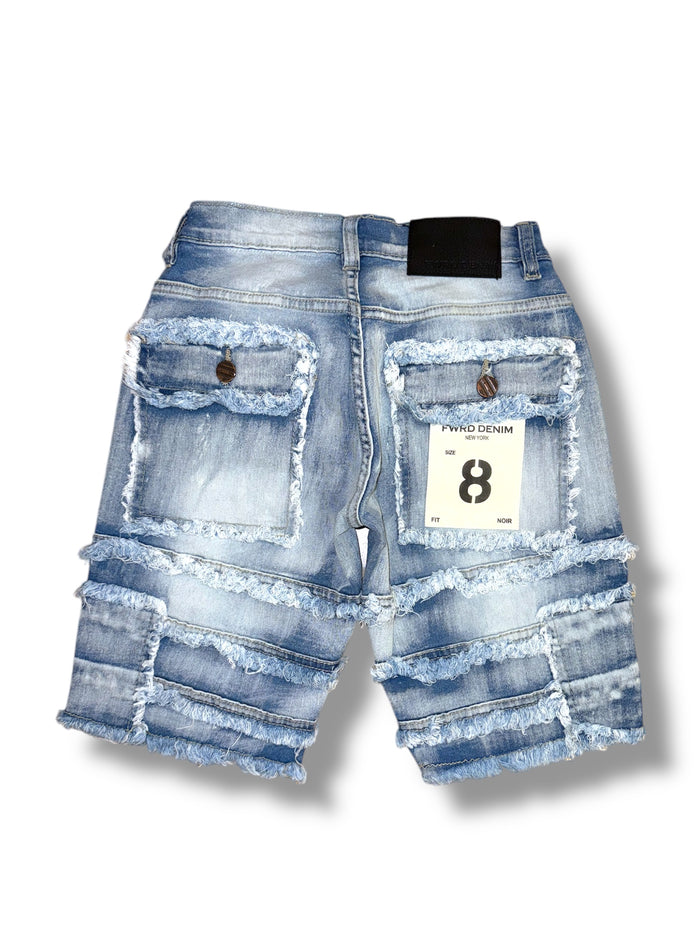 FWRD Kids Patchwork Denim Shorts in ice blue with colorful patchwork details, casual kids' shorts for warm weather.