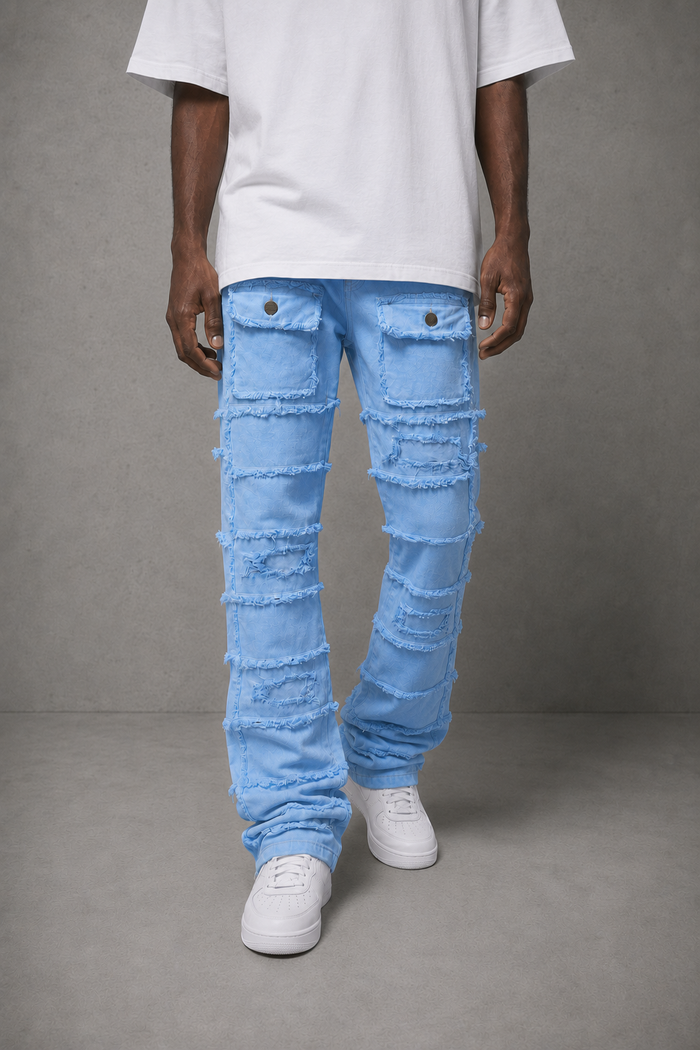 FWRD Static Layer Twill Stacked Denim jeans in Carolina Blue, showcasing the layered twill design and stacked fit.
