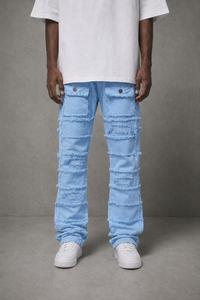 FWRD Carolina Blue denim jacket with stacked layered twill design, showcasing a stylish casual denim look.