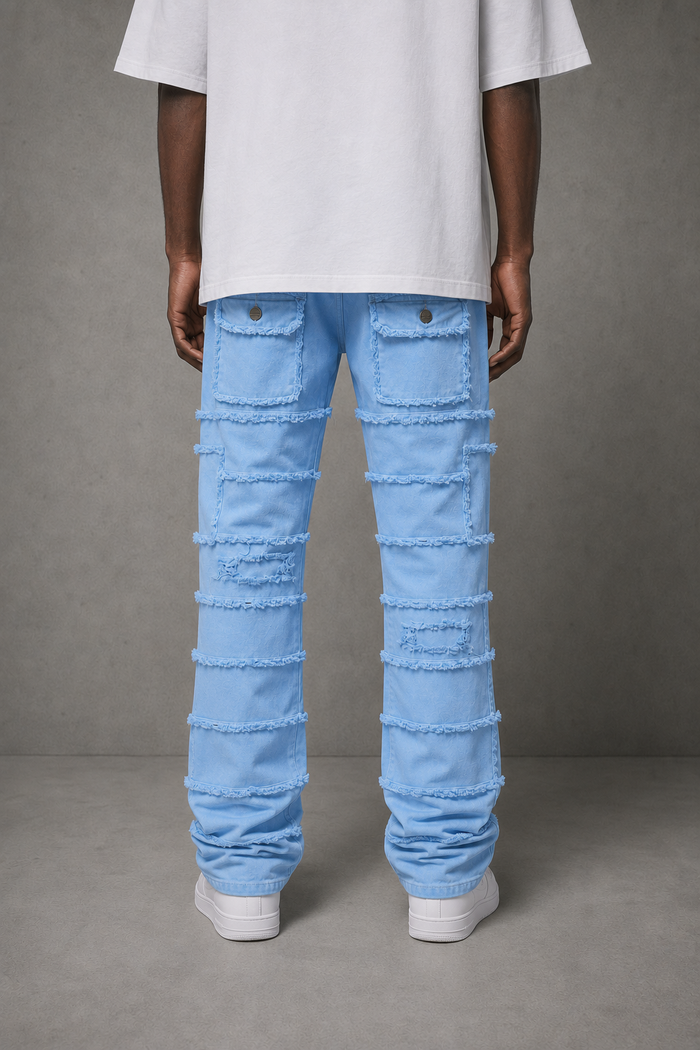 FWRD Static Layer Twill Stacked Denim jacket in Carolina Blue, showcasing layered twill fabric and denim texture.