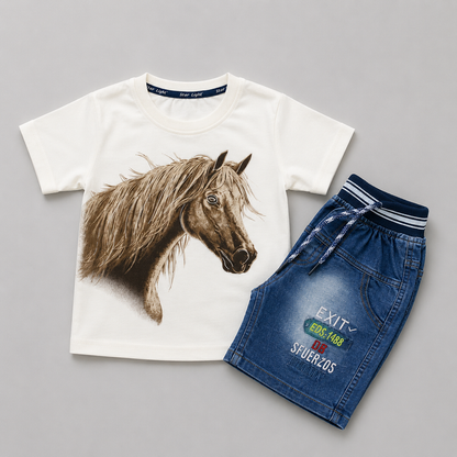 Horse Graphic Denim Shorts Set