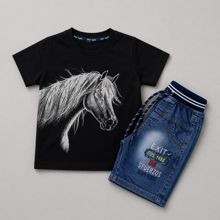 Horse Graphic Denim Shorts Set