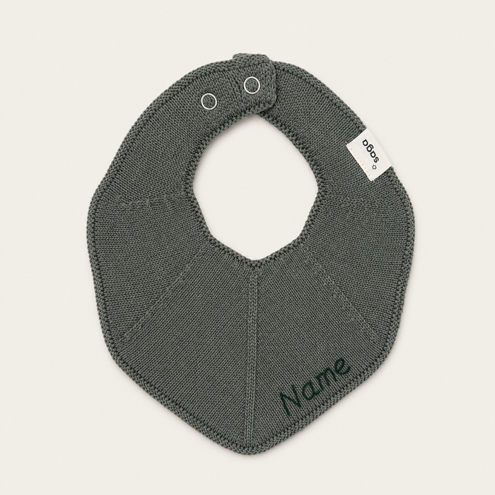 Knitted Bib - Soft Moss - With Name