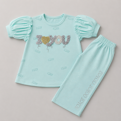 Lovely Glitter Puff Sleeve Capri Set