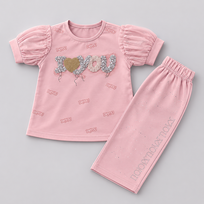 Lovely Glitter Puff Sleeve Capri Set