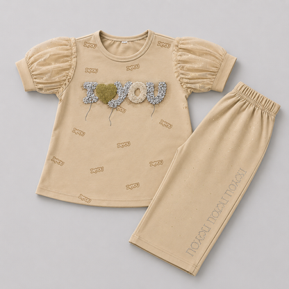 Lovely Glitter Puff Sleeve Capri Set