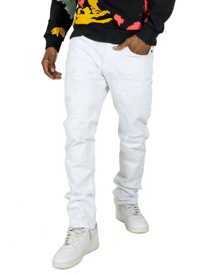Makobi Mancini white denim jeans, men's casual denim pants with clean stitching and classic fit, front view.