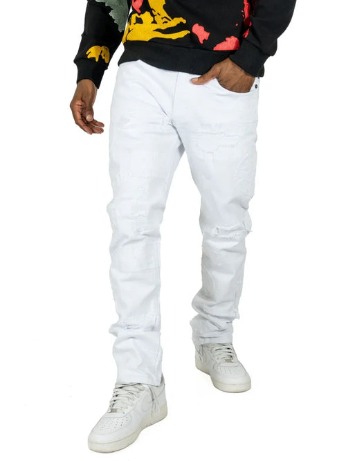 Makobi Mancini white denim jeans, men's casual denim pants with clean stitching and classic fit, front view.