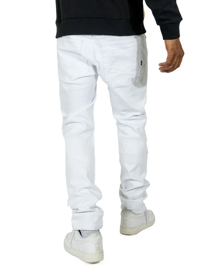 Makobi Mancini white denim jeans, men's casual denim pants with classic fit and stylish design, front view image.