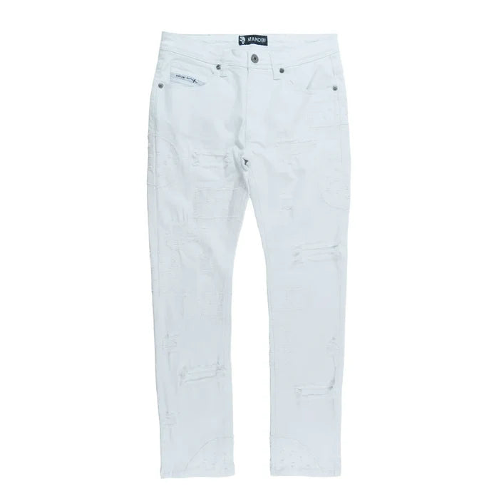 Makobi Mancini white denim jeans with a casual fit, featuring classic stitching and a stylish design.