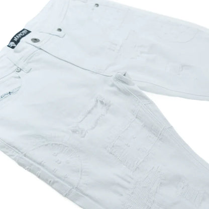 Makobi Mancini white denim jeans, men's casual denim pants with a classic fit and sturdy fabric.