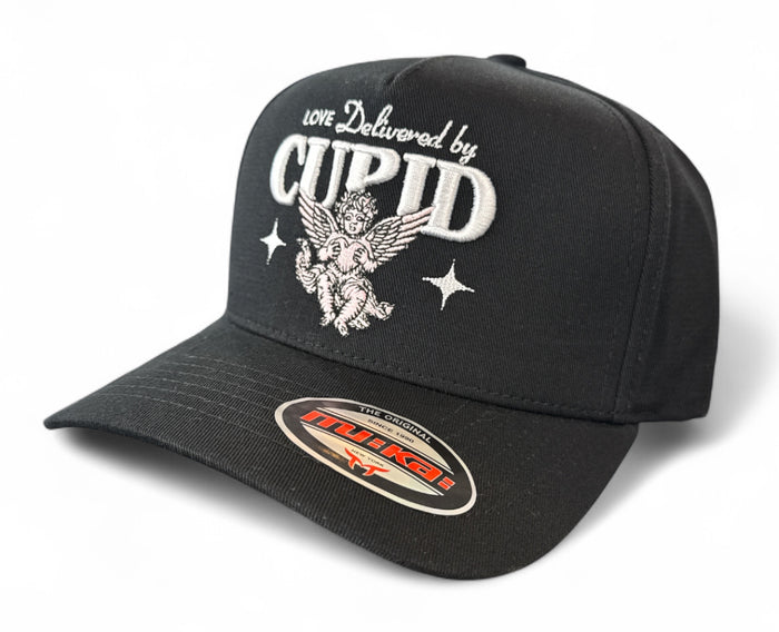 Black MUKA Cupid snapback hat with adjustable strap and embroidered logo, stylish accessory for casual wear.