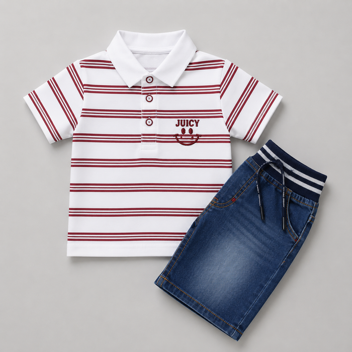 Nautical Stripe Polo Denim Shorts Set